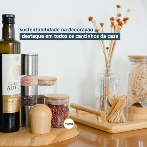 Pote De Vidro Tampa De Bambu Oikos 400ml Hermético Redondo Cor Marrom-claro