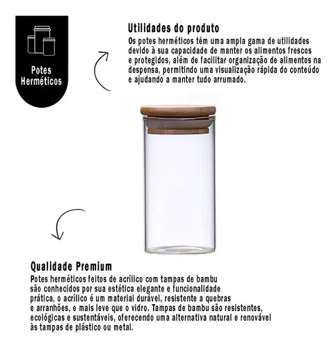 Kit 10 Potes De Vidro Herméticos Com Tampa De Bambu Condimentos Alimentos Mantimentos Organizador 600ml