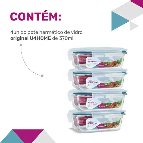 Conjunto Kit 4 Potes Vidro Hermético Marmita 370ml Cor Azul Cor Azul