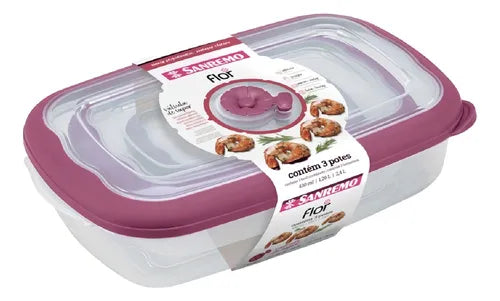 Kit 3 Pote Plástico Retangular C/ Válvula E Vedação Borracha Cor Vinho