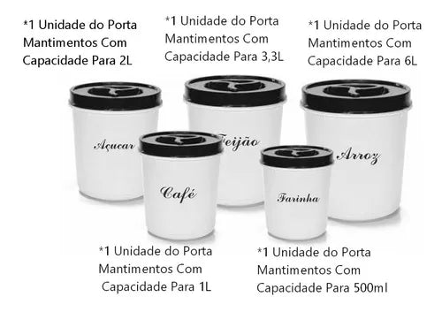 Kit Porta Mantimentos 5 Potes Redondo Porta Arroz Feijão Cor Preto