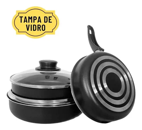 Conjunto Frigideira Antiaderente 3 Peças Com Tampa De Vidro Cor Preto
