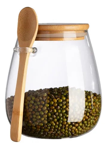 Pote Vidro C/ Tampa Bambu E Colher Hermético Redondo 500ml