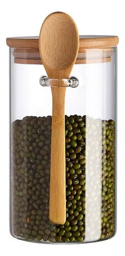 3 Pote Vidro C/ Tampa Bambu E Colher Hermético Redondo 600ml