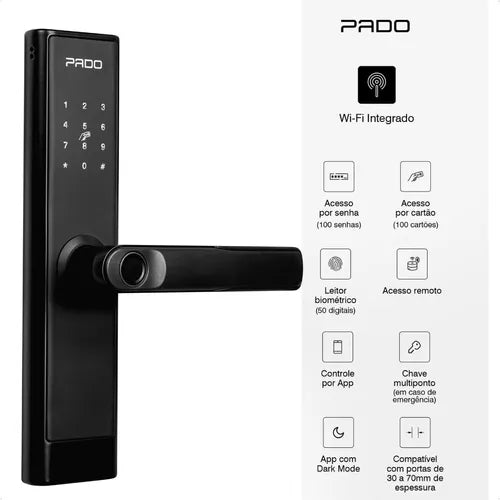 Fechadura Digital Pado Fde 250 Wifi Tuya Biometria Senha Tag Preta