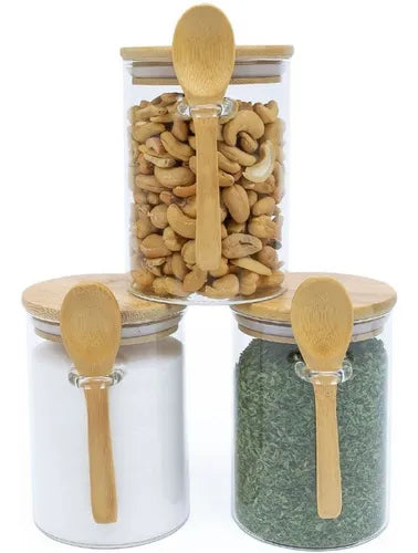 Santlen 3 Potes Vidro 250ml Hermético Colher Tampa Bambu 6,5x10cm