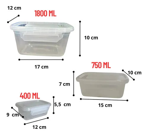 Kit 3 Potes Plástico Vários Tamanhos Com Tampa Transparente
