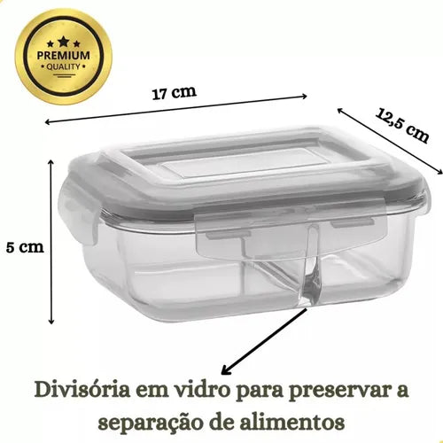 Pote De Vidro Retangular C/divisória E Tampa 640ml Marmita