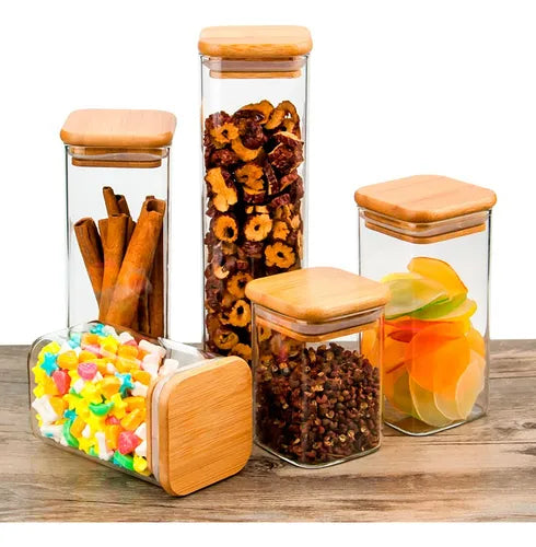 Kit 6 Potes Vidro Hermetico C/ Tampa Bambu Quadrado 300ml