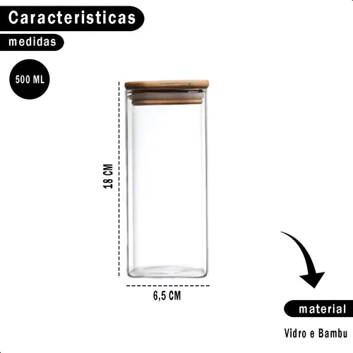 Kit 4 Potes Herméticos De 500 Ml Com Tampa De Bambu Condimentos Organizadora