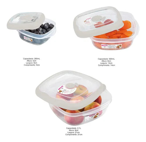 Kit 3 Potes Quadrados Hermético Plástico Sanremo Marmita