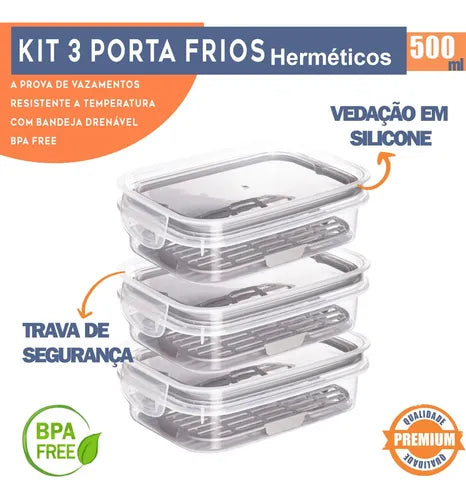 Kit 3 Potes Porta Frios Queijo Presunto Hermético Empilhavel