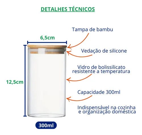 Pote Vidro 300ml Hermetico Tampa Bambu Premium Graos Cereais