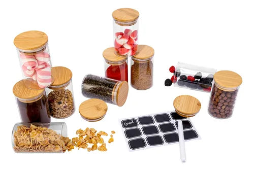 Kit 10 Potes De Vidro Herméticos Redondo Biscuitt Orbb 300ml Temperos Tampa Bambu
