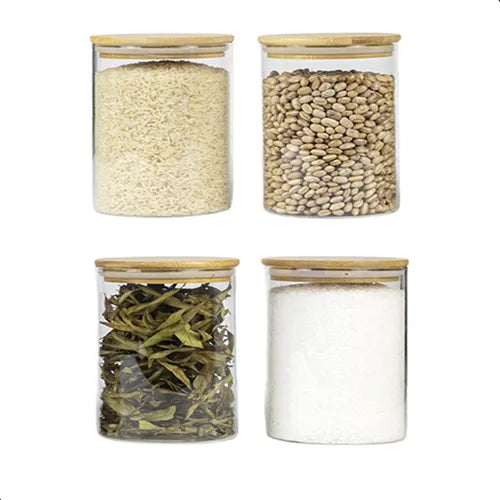 Kit 4 Potes Organizadores Vidro Tampa Bambu Hermética 500ml