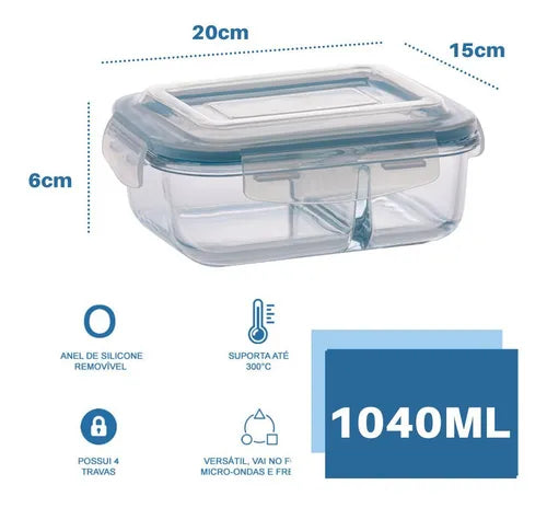 Jogo Com 2 Potes 1040ml Marmita Hermético Divisória Cor Vidro