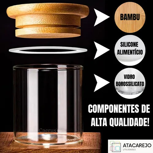 Kit 5 Potes De Vidro Hermético Tampa Bambu Alimentos Grãos