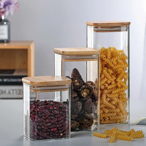Kit 05 Potes Herméticos De Vidro Com Tampa De Bambu E Silicone Recipiente Armazenamento De Alimentos Jogo Porta Mantimentos Temperos Pote De Condimentos Organizador De Cozinha Multifuncional