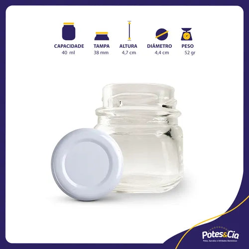 Kit Com 24 Potinhos De Vidro 40ml + Tampa Metálica E Lacres Cor Branco