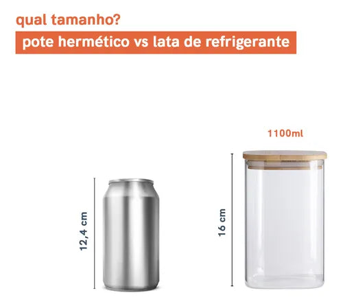 Potes De Mantimentos Quad 1100ml Com Tampa Bambu - 4 Pçs