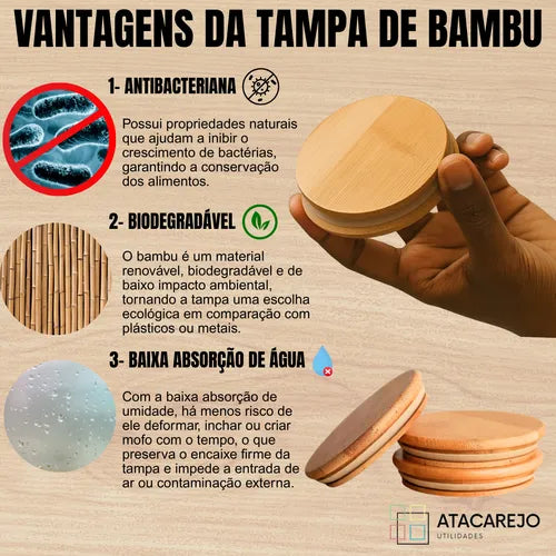 Kit 5 Potes De Vidro Hermético Tampa Bambu Alimentos Grãos