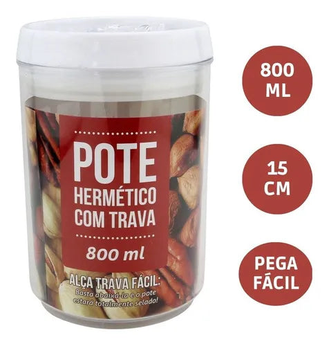 Pote Hermético Redondo Com Tampa Trava Fácil Plástico 800ml