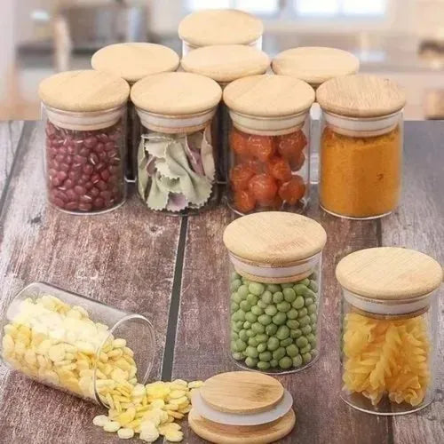 Kit Conjunto 10 Potes Vidro Hermético 200ml Tampa De Bambu Cor Natural