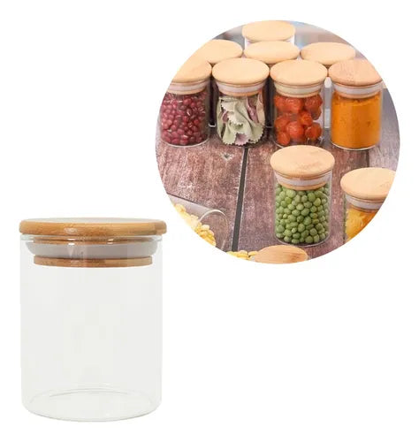 Kit 8 Potes De Vidro Porta Mantimento Tampa De Bambu 200ml