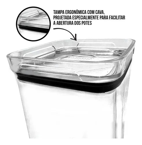 Kit 7 Potes Herméticos Mantimentos Quadrado Cozinha Tampa Hermética Amobox
