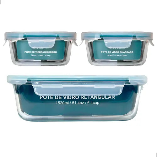 Pote Vidro Hermético Transparente Marmita Fitness Kit 3 Un.