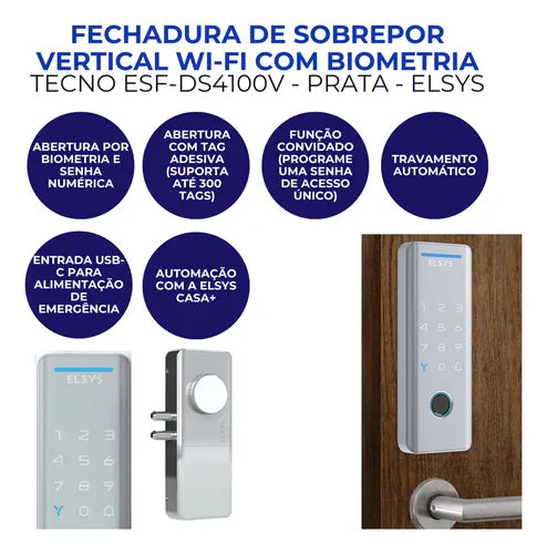 Fechadura Digital Elsys Prata Esf-ds4100v Senha E Tag Tecno