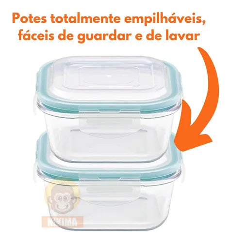 Conjunto 5 Pote Vidro Hermético Marmita 500ml Tampa Quadrado