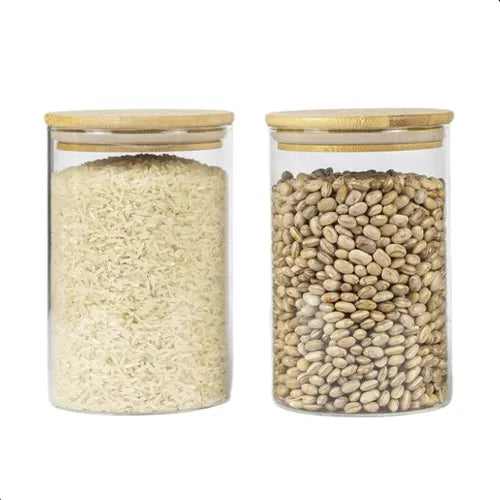 2 Potes Organizadores Vidrio Cozinha Meu Canto Redondo Tampa Bambu Hermética