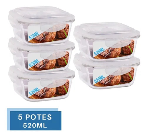 Conjunto 5 Potes De Vidro 520ml Hermético 4 Travas Marmita
