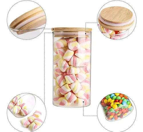 Kit 6 Pote Porta Mantimento Vidro Redondo Tampa Bambu Empilhável Hermético 600ml