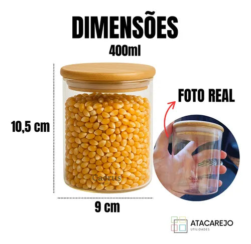 Kit 5 Potes De Vidro Hermético Tampa Bambu Alimentos Grãos