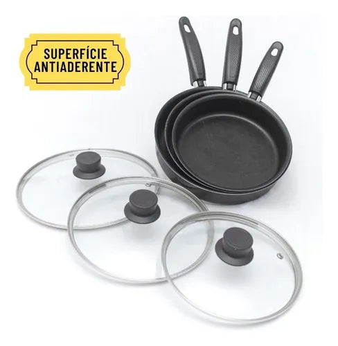 Conjunto Frigideira Antiaderente 3 Peças Com Tampa De Vidro Cor Preto