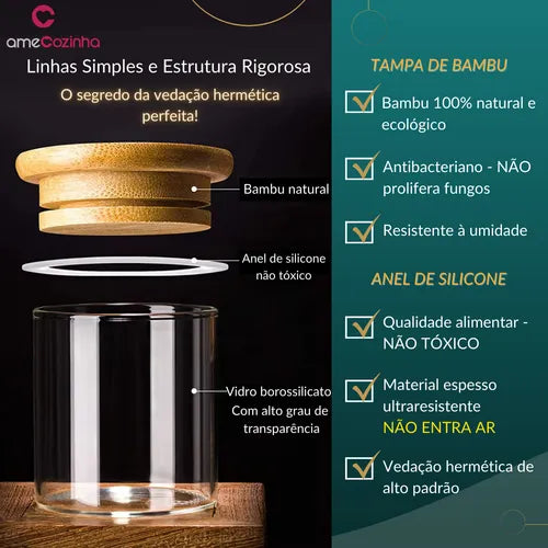 Pote Hermético Vidro Pote De Vidro Com Tampa De Bambu - 6uni