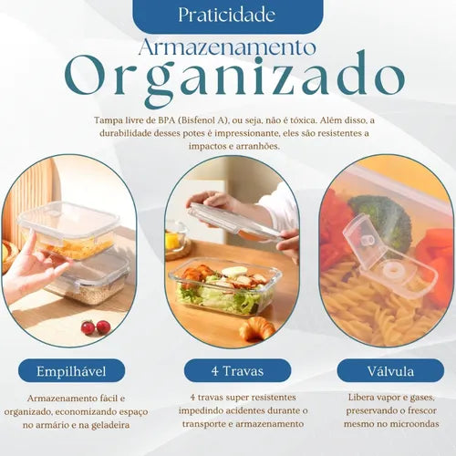 Kit 3 Pote Retangular Hermético 340ml 4 Travas Marmita Vidro