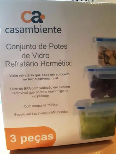 Jogo De 3 Potes De Vidro Hermético Tampa Azul Casambiente
