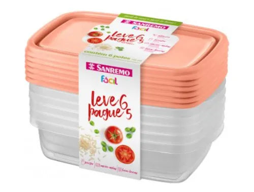 6 Pote Plástico Retangular 785ml Microondas Freezer Bpa Free Cor Salmão