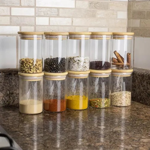 Kit De 10 Potes De 300ml Vidro E Tampa Hermética De Bambu