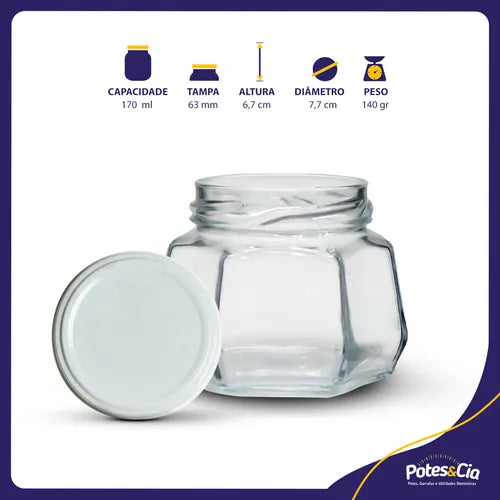 12 Potes De Vidro 170ml Sextavado + Tampa Metálica + Lacre Cor Branco