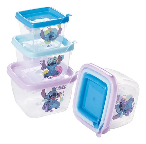 Kit 3 Potes Quadrados Conect Stitch Lancheira Cozinha