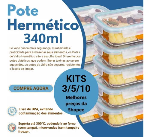 Kit 3 Pote Retangular Hermético 340ml 4 Travas Marmita Vidro
