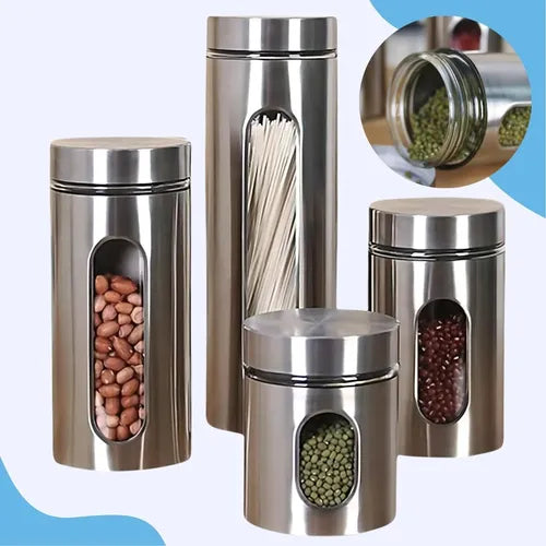Jogo De 4 Potes Com Visor Inox Vidro Hermético Mantimentos