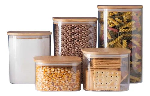 Kit 05 Potes Herméticos De Vidro Com Tampa De Bambu E Silicone Recipiente Armazenamento De Alimentos Jogo Porta Mantimentos Temperos Pote De Condimentos Organizador De Cozinha Multifuncional