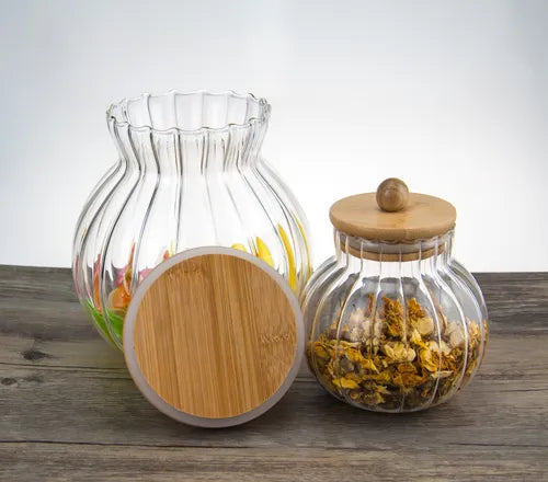 Kit 3 Potes Vidro Com Tampa De Bambu Canelado Hermetico Jogo