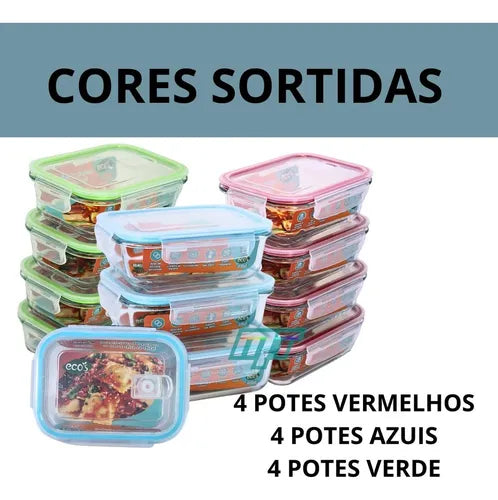 Kit 12 Potes De Vidro Hermético C/ 4 Travas 370ml Mantimento