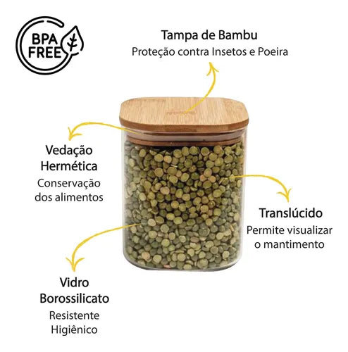 Kit 05 Potes Herméticos De Vidro Com Tampa De Bambu E Silicone Recipiente Armazenamento De Alimentos Jogo Porta Mantimentos Temperos Pote De Condimentos Organizador De Cozinha Multifuncional